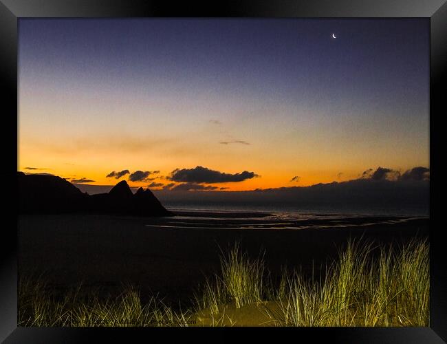Three Cliffs Bay with Waning Crescent Framed Print by Paddy Art