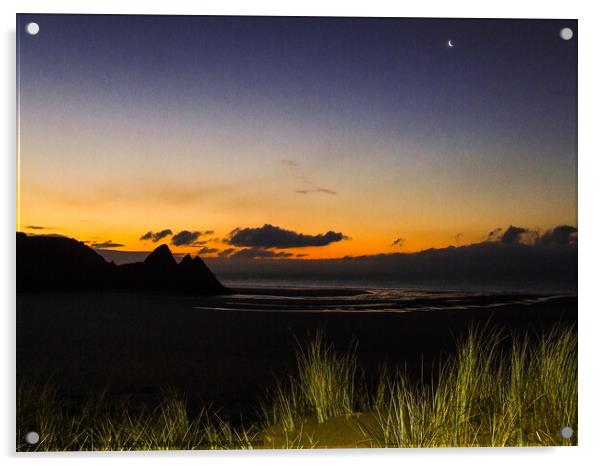 Three Cliffs Bay with Waning Crescent Acrylic by Paddy Art