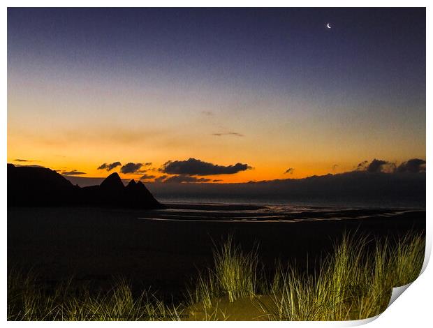 Three Cliffs Bay with Waning Crescent Print by Paddy Art