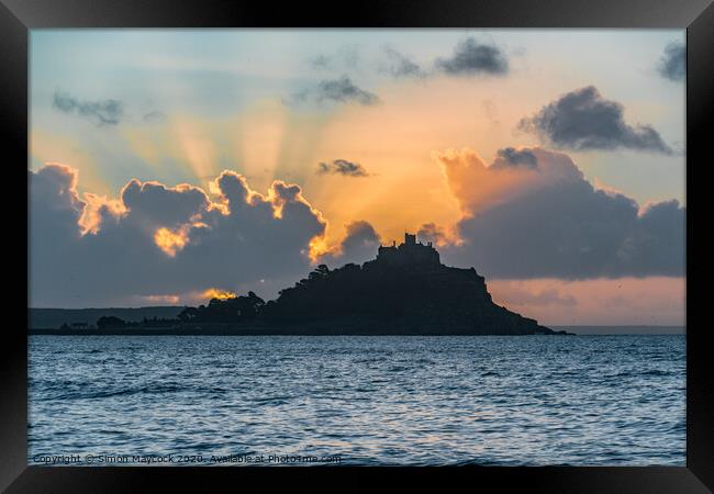 St Michaels Mount sunrays Framed Print by Simon Maycock