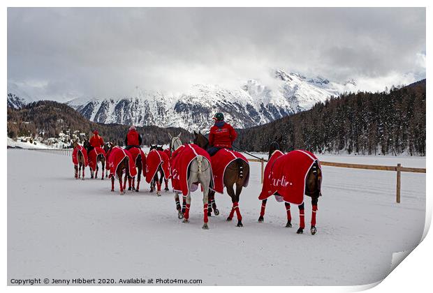 Snow polo team of horses in St Moritz Print by Jenny Hibbert