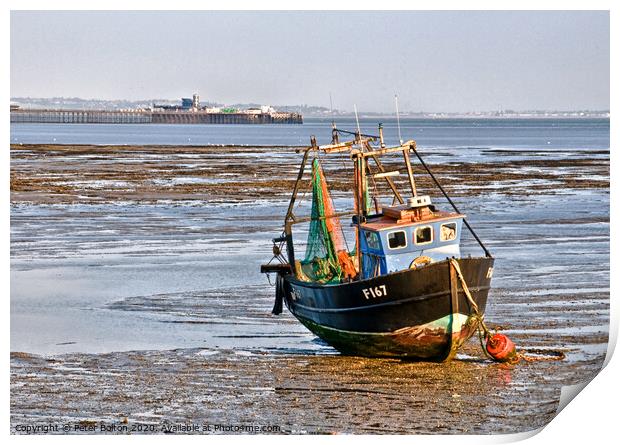 Fishing boat and Southend on Sea Pier, Essex, UK. Print by Peter Bolton