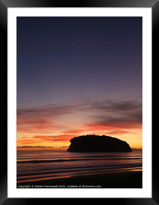 Dawn with new Moon at Whangamata Beach, New Zealand Framed Mounted Print by Robert MacDowall