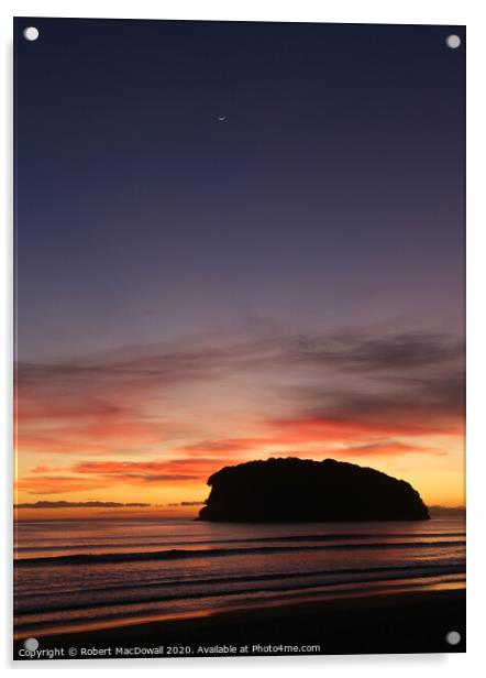 Dawn with new Moon at Whangamata Beach, New Zealand Acrylic by Robert MacDowall