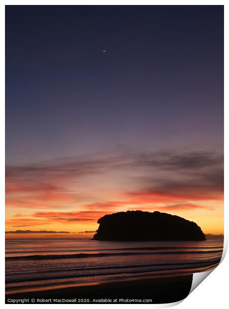 Dawn with new Moon at Whangamata Beach, New Zealand Print by Robert MacDowall