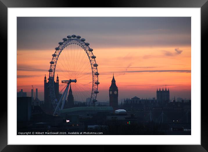 Winter skyscape, Westminster and the Millennium Wheel Framed Mounted Print by Robert MacDowall