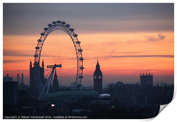 Winter skyscape, Westminster and the Millennium Wheel Print by Robert MacDowall