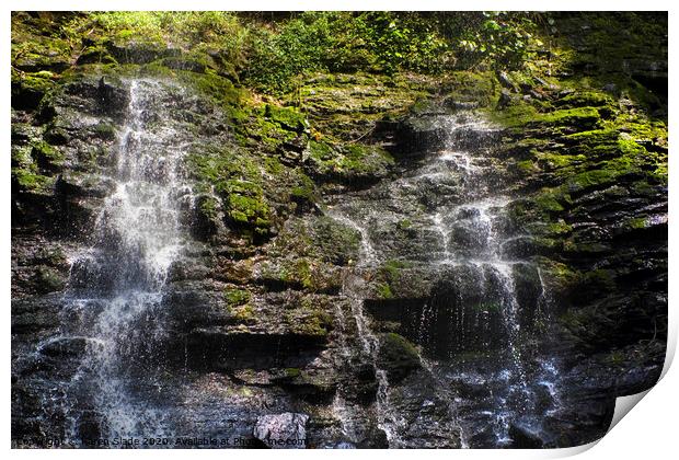 A double waterfall gently cascading over Ghanaian rocks and greenery Print by Karen Slade