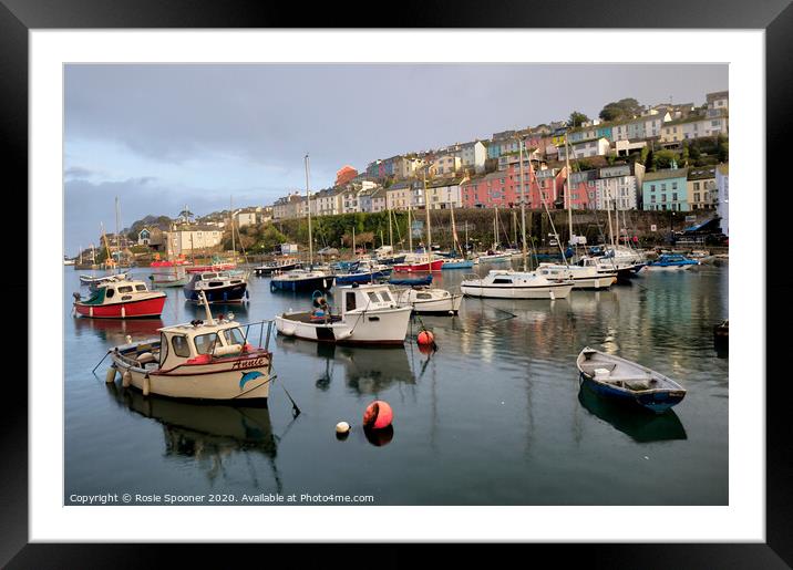 Colourful boats and houses at Brixham Harbour Framed Mounted Print by Rosie Spooner