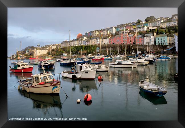 Colourful boats and houses at Brixham Harbour Framed Print by Rosie Spooner