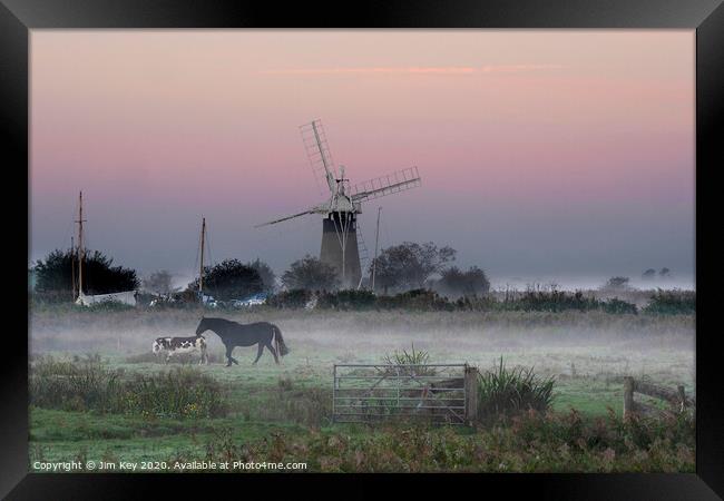 Misty Sunrise Thurne Dyke Norfolk Broads Framed Print by Jim Key