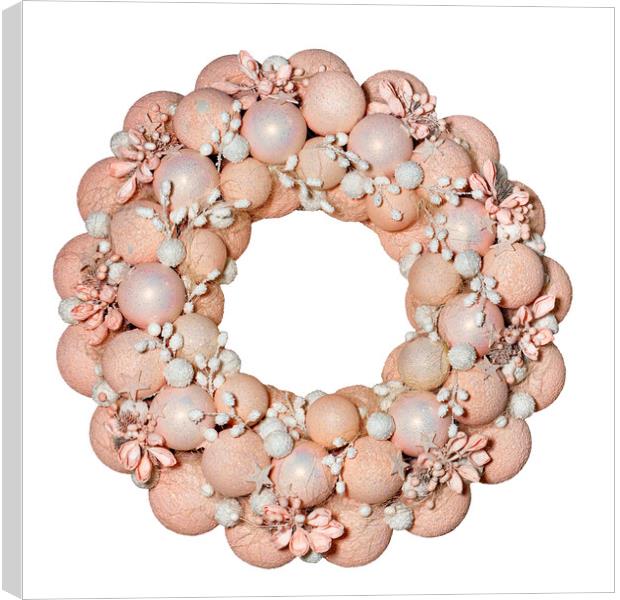 Christmas wreath with decorative balls, flowers and stars in pink and beige pastel colors, isolated on white. Canvas Print by Sergii Petruk