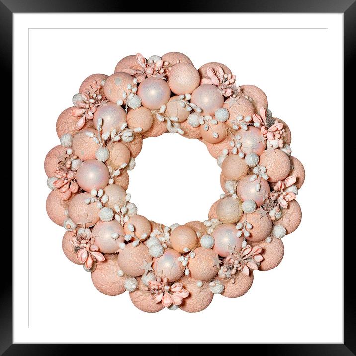 Christmas wreath with decorative balls, flowers and stars in pink and beige pastel colors, isolated on white. Framed Mounted Print by Sergii Petruk