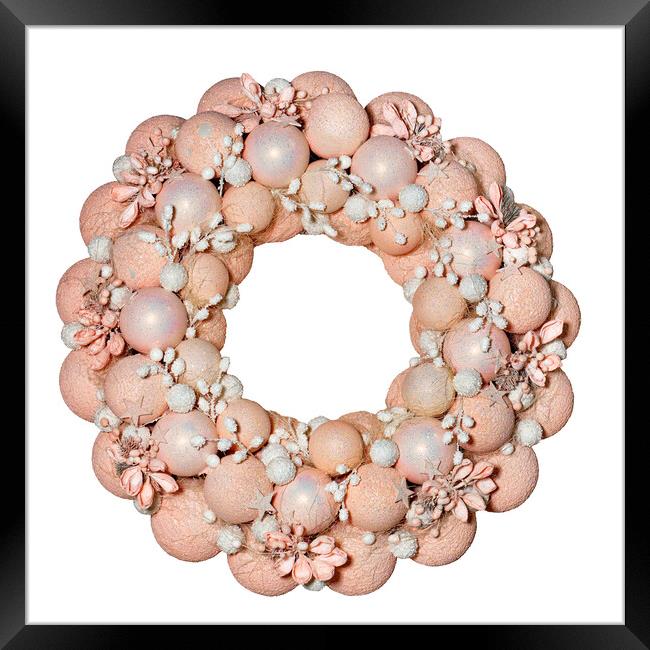 Christmas wreath with decorative balls, flowers and stars in pink and beige pastel colors, isolated on white. Framed Print by Sergii Petruk