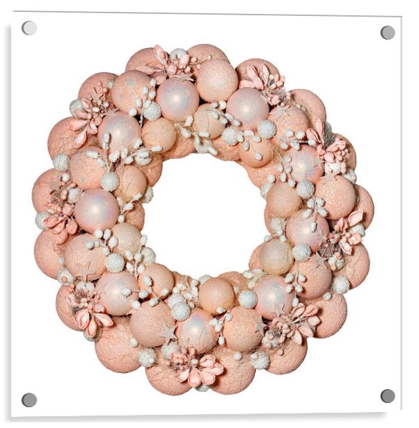 Christmas wreath with decorative balls, flowers and stars in pink and beige pastel colors, isolated on white. Acrylic by Sergii Petruk
