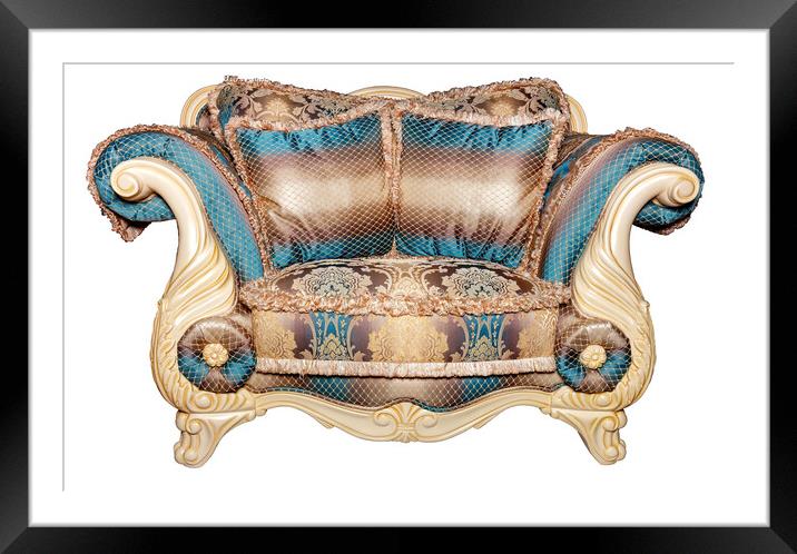 Luxurious sofa for two, upholstered in an expensive brocade textile fabric, isolated on a white background. Framed Mounted Print by Sergii Petruk
