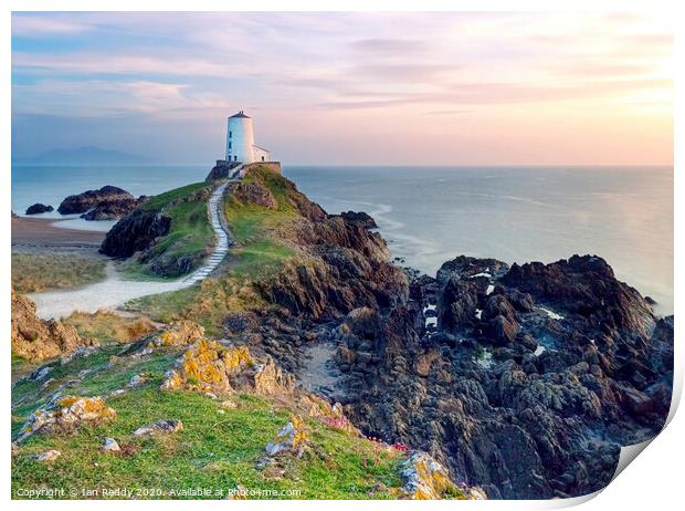 Twr Mawr Lighthouse, Newborough beach, Llanddwyn Island, Anglesey. Print by Iain McLeod