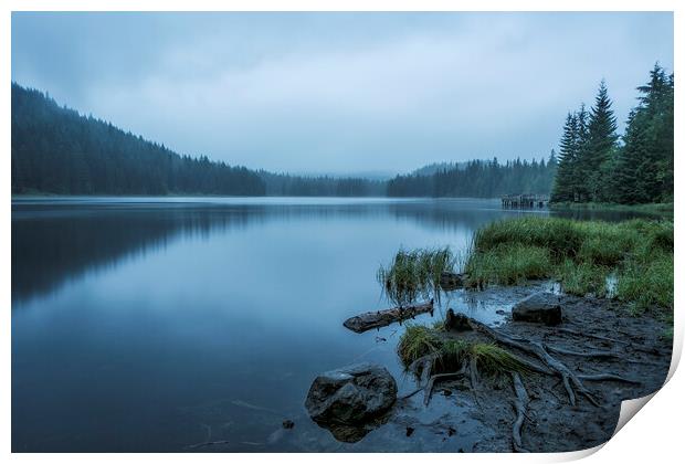 Trillium Lake on a Foggy Morning Print by Belinda Greb