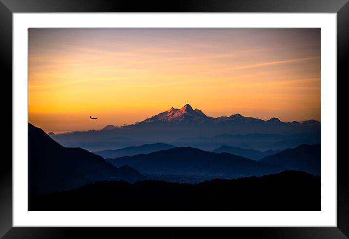 Shining Mount Manaslu range and landing airplane at Kathmandu, Nepal  Framed Mounted Print by Ambir Tolang