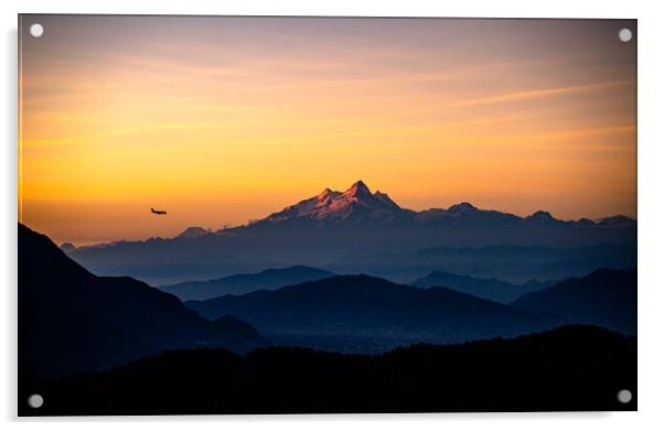 Shining Mount Manaslu range and landing airplane at Kathmandu, Nepal  Acrylic by Ambir Tolang