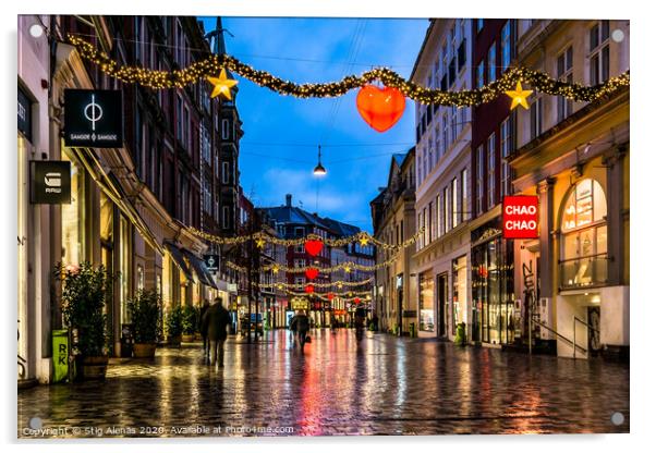 Christmas shopping street at night in Copenhagen Acrylic by Stig Alenäs