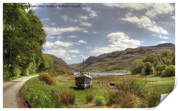 Boat near mountain road and lake in Scotland Print by Philip Brown