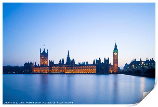 Houses of Parliament Westminster London in evening Print by Chris Warren