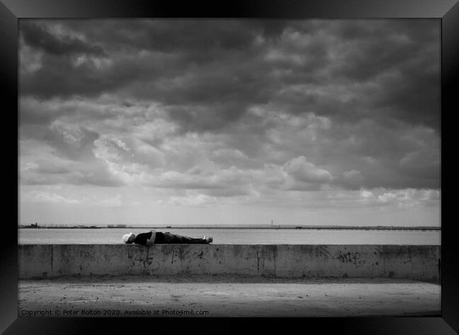 Taking a nap on the wall. Southend on Sea, Essex,  Framed Print by Peter Bolton