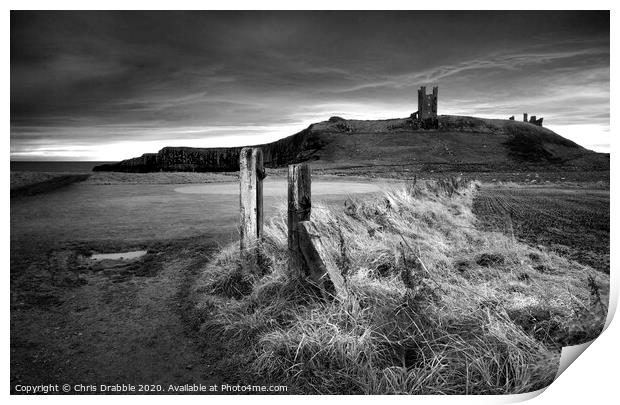 Dunstanburgh Castle in mono (5) Print by Chris Drabble