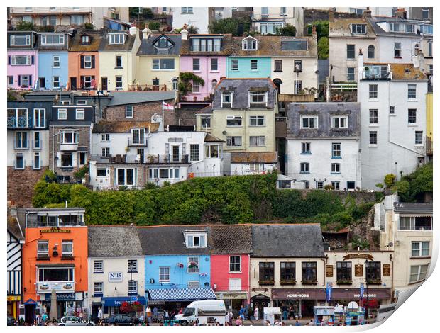 Detail of some of the colourful houses surrounding the harbour in Brixham, Devon, UK. Print by Peter Bolton