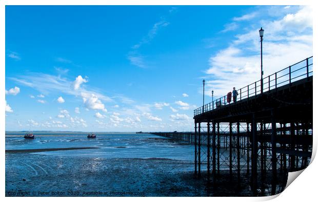 Looking along Southend Pier from the shore towards the pier head. Southend on Sea, Essex, UK.  Print by Peter Bolton