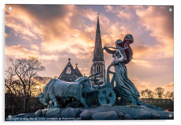 Gefion Fountain and St. Alban’s Church at sunset  Acrylic by Stig Alenäs