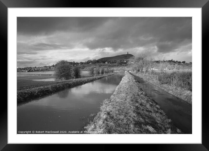 The Somerset Levels and Glastonbury Tor in black and white Framed Mounted Print by Robert MacDowall