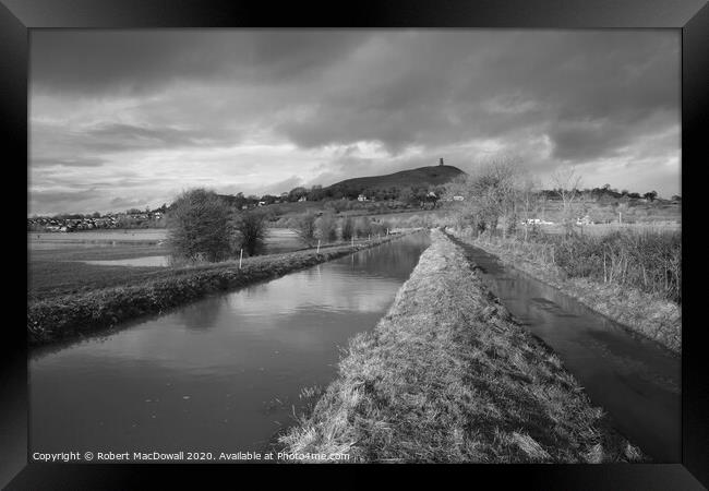 The Somerset Levels and Glastonbury Tor in black and white Framed Print by Robert MacDowall