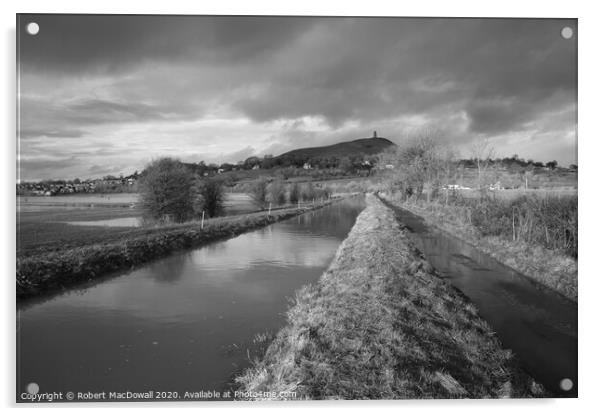 The Somerset Levels and Glastonbury Tor in black and white Acrylic by Robert MacDowall