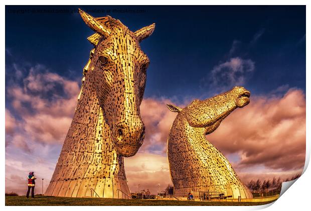 The Kelpies in winter late afternoon sunshine  Print by Richard Smith
