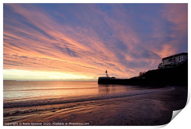 Sunrise on Looe Beach in Cornwall Print by Rosie Spooner