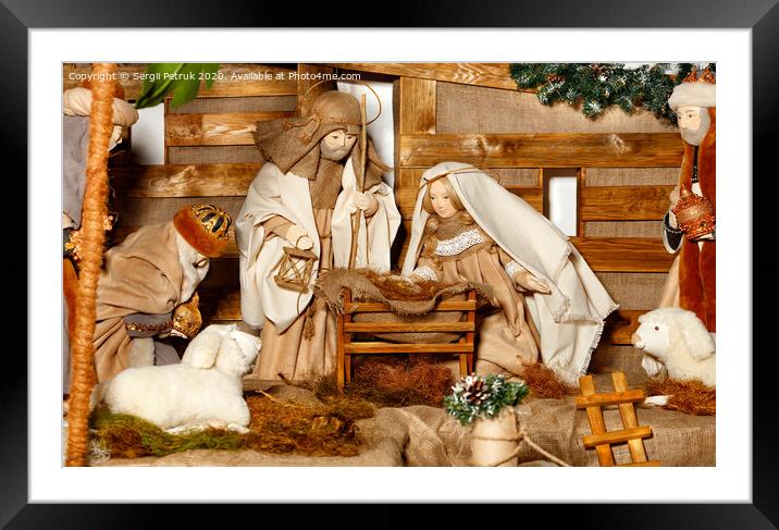 Puppet composition of the Nativity of Christ with the Jesus, Virgin Mary, Joseph, a manger, straw and the Magi who came. Framed Mounted Print by Sergii Petruk