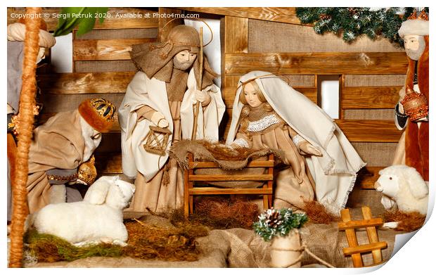 Puppet composition of the Nativity of Christ with the Jesus, Virgin Mary, Joseph, a manger, straw and the Magi who came. Print by Sergii Petruk