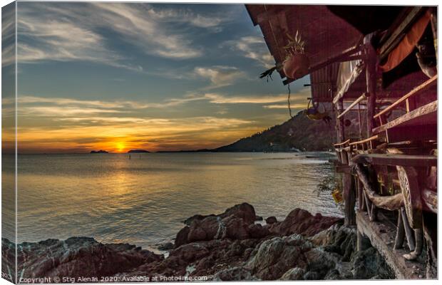Hippie hovel on a rocky shore in the sunset Canvas Print by Stig Alenäs
