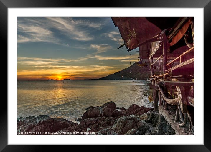 Hippie hovel on a rocky shore in the sunset Framed Mounted Print by Stig Alenäs