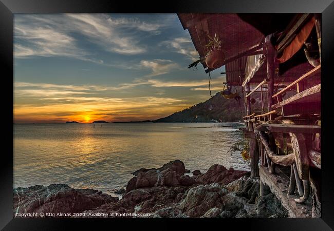 Hippie hovel on a rocky shore in the sunset Framed Print by Stig Alenäs