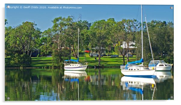 Yachts and green parkland, Lake Macquarie. Acrylic by Geoff Childs