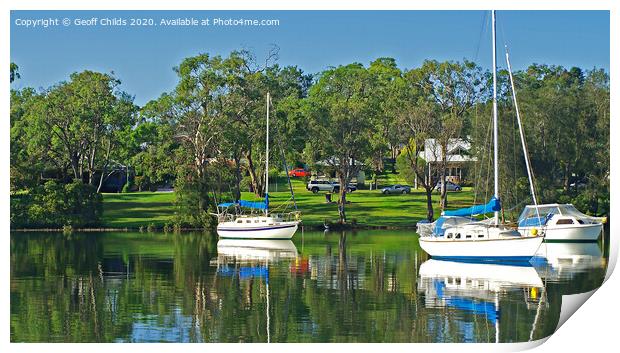 Yachts and green parkland, Lake Macquarie. Print by Geoff Childs