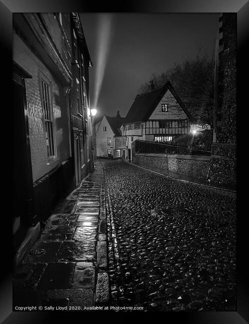 Elm Hill at night, mono Framed Print by Sally Lloyd