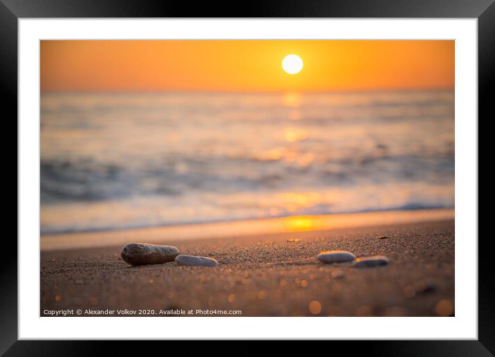 Orange sunset on a calm sea and sandy beach and ra Framed Mounted Print by Alexander Volkov
