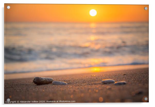Orange sunset on a calm sea and sandy beach and ra Acrylic by Alexander Volkov