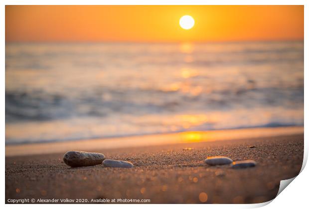Orange sunset on a calm sea and sandy beach and ra Print by Alexander Volkov