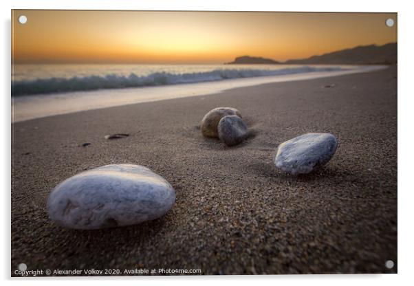 Sea-washed pebbles on a quiet sandy Mediterranean  Acrylic by Alexander Volkov