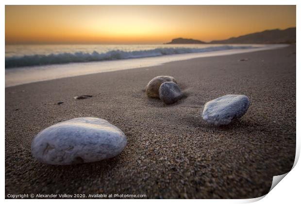 Sea-washed pebbles on a quiet sandy Mediterranean  Print by Alexander Volkov